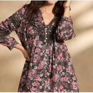 Sundance Andi Floral Dress Bohemian Western Black Pink XL Embroidered Lagenlook